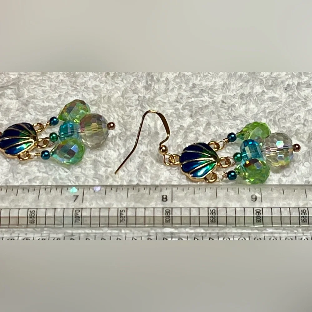 Gold, Green and Blue Shell Dangle Earrings - Picture 9 of 12